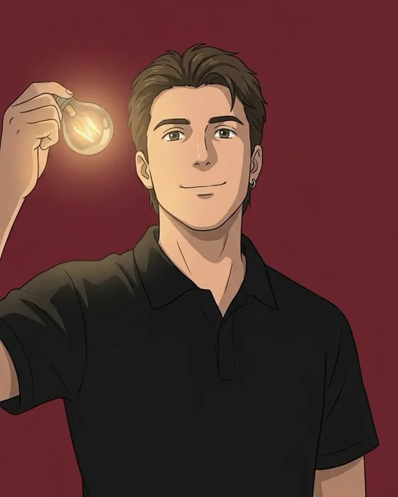 José Daniel, ilustrado, sosteniendo una bombilla encendida